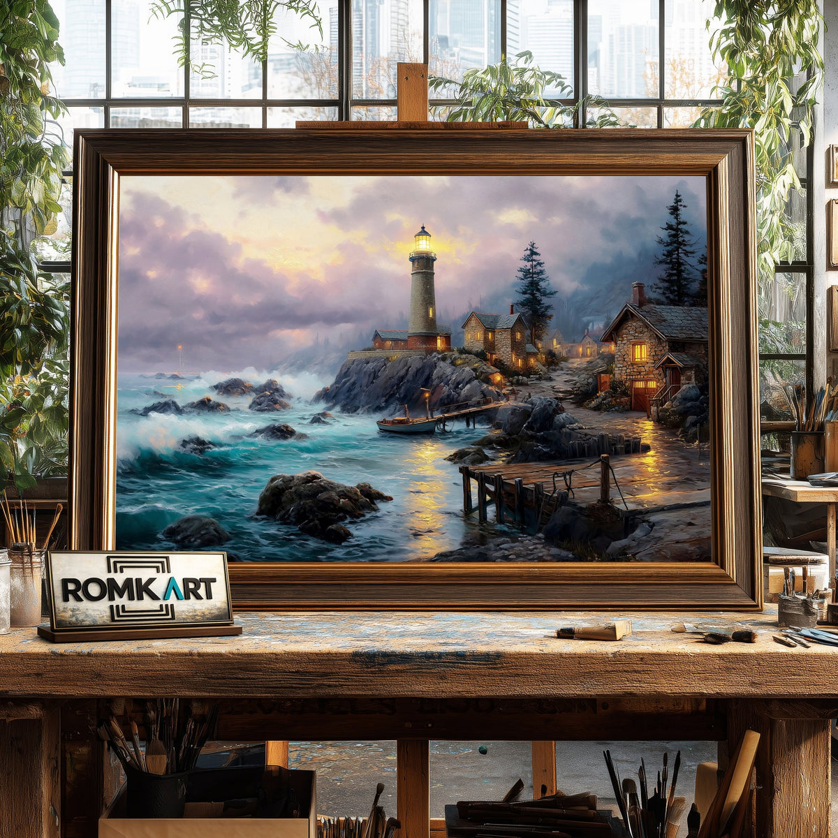 Lighthouse at Seacape Night Harbor Seascape Oil Painting - image 2