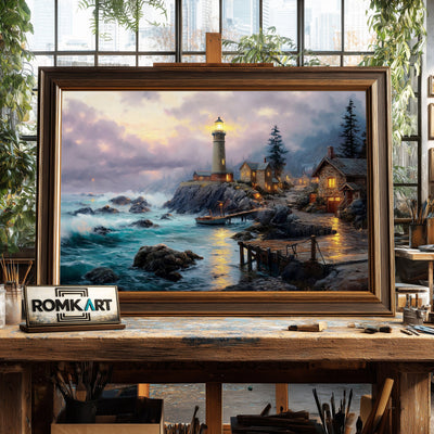 Lighthouse at Seacape Night Harbor Seascape Oil Painting - image 2