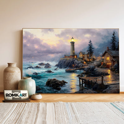 Lighthouse at Seacape Night Harbor Seascape Oil Painting - image 3