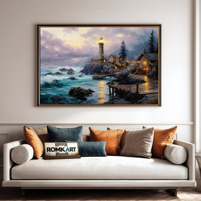 Lighthouse at Seacape Night Harbor Seascape Oil Painting - image 4