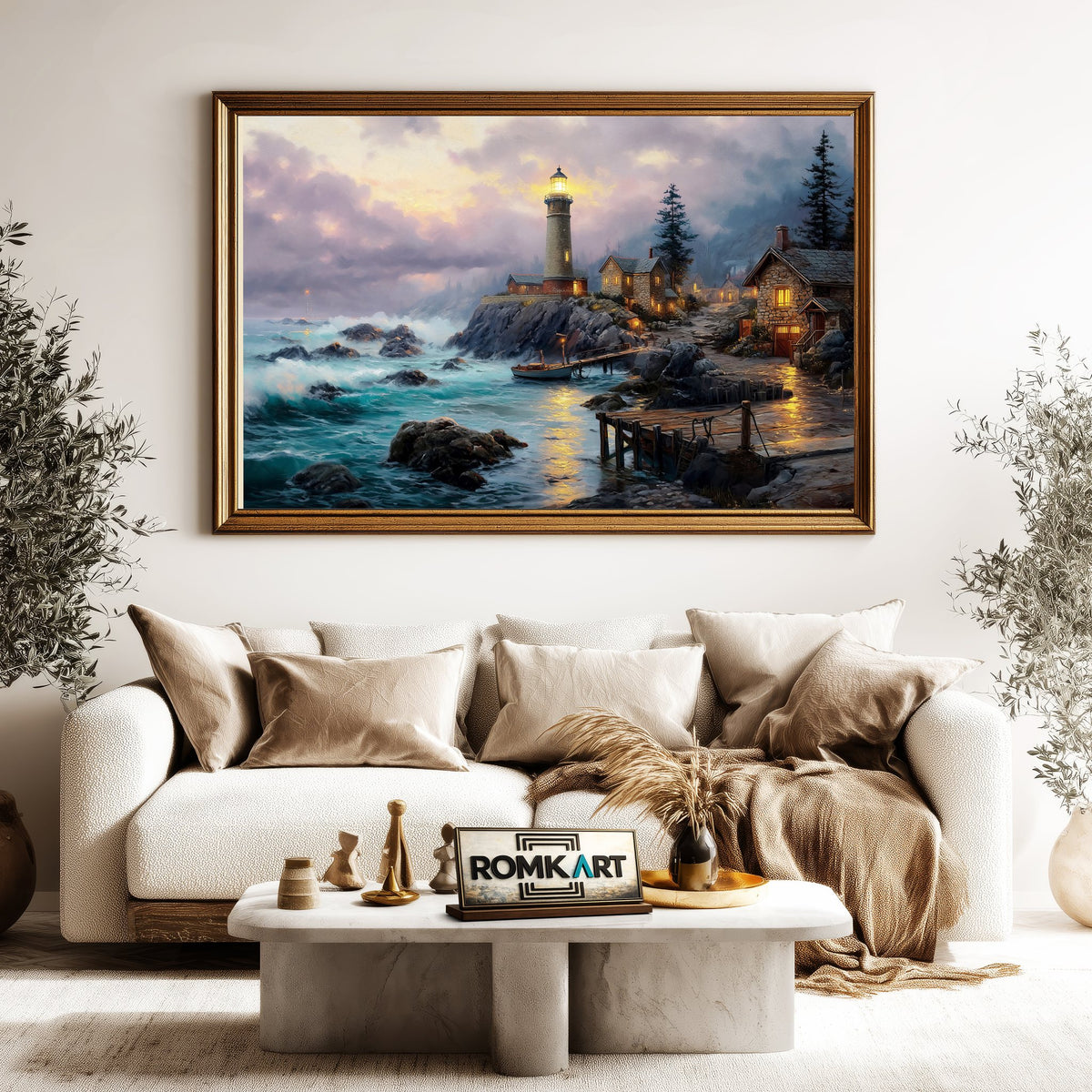 Lighthouse at Seacape Night Harbor Seascape Oil Painting - image 5