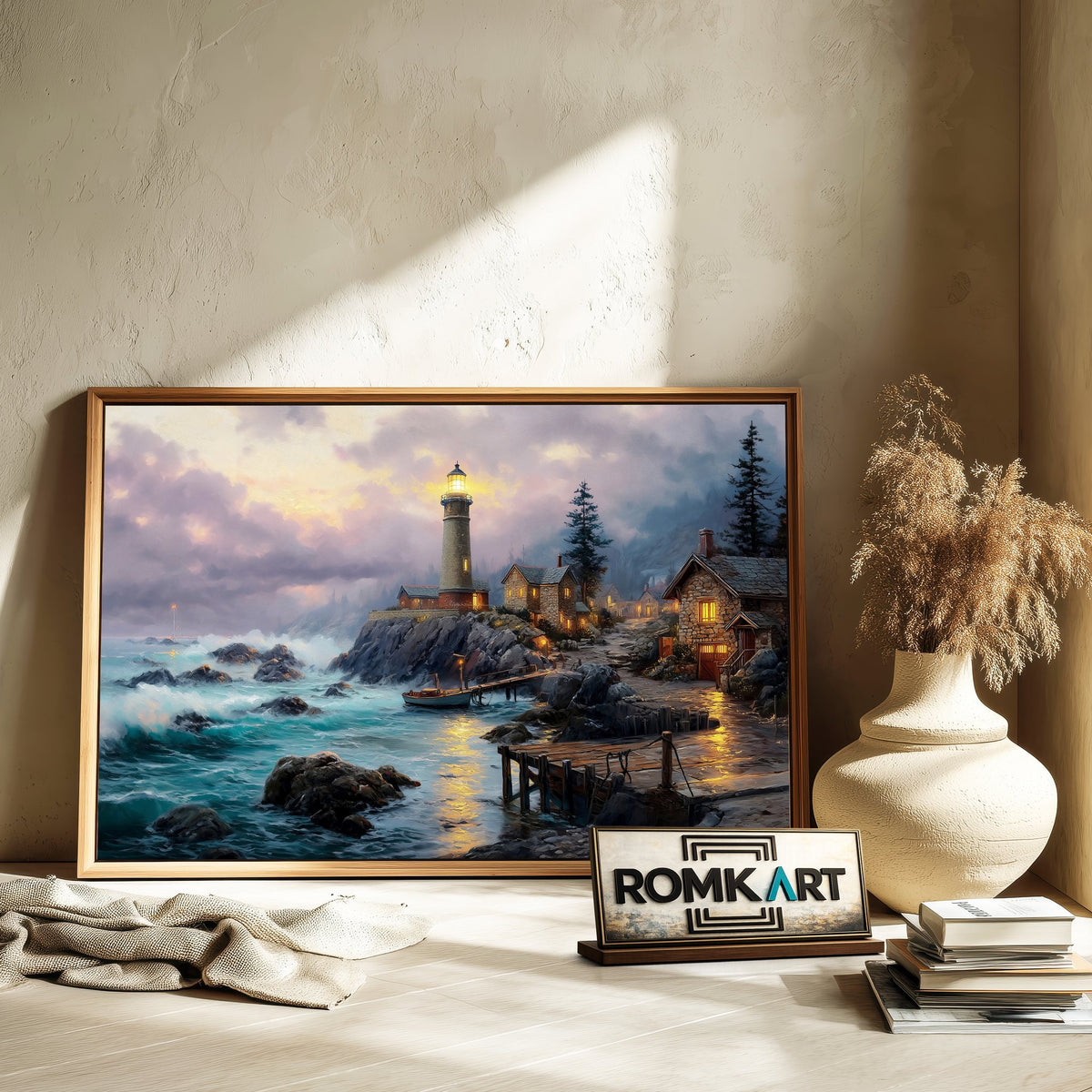 Lighthouse at Seacape Night Harbor Seascape Oil Painting - image 6