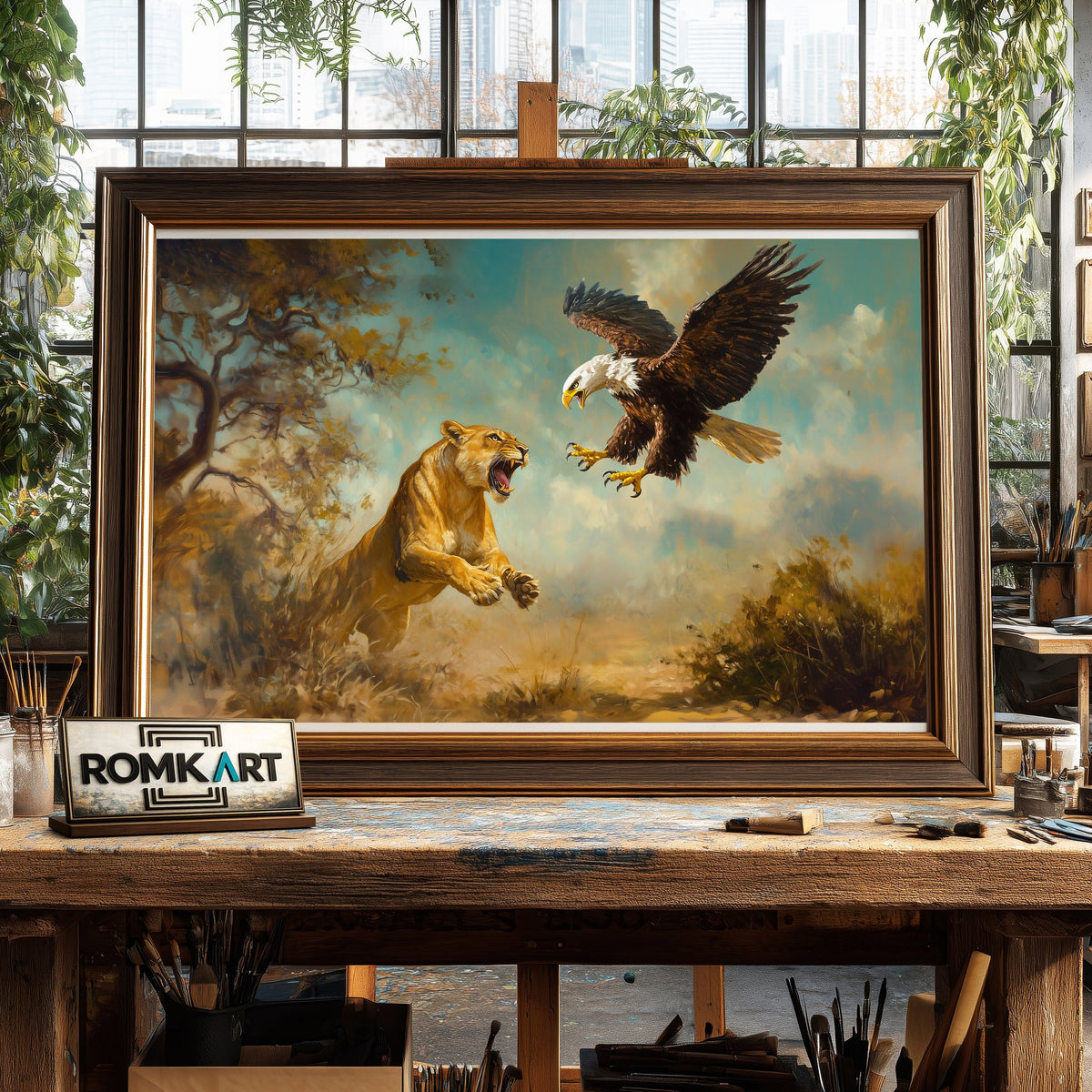 Lion vs Bald Eagle 2 Bird Oil Painting - image 2