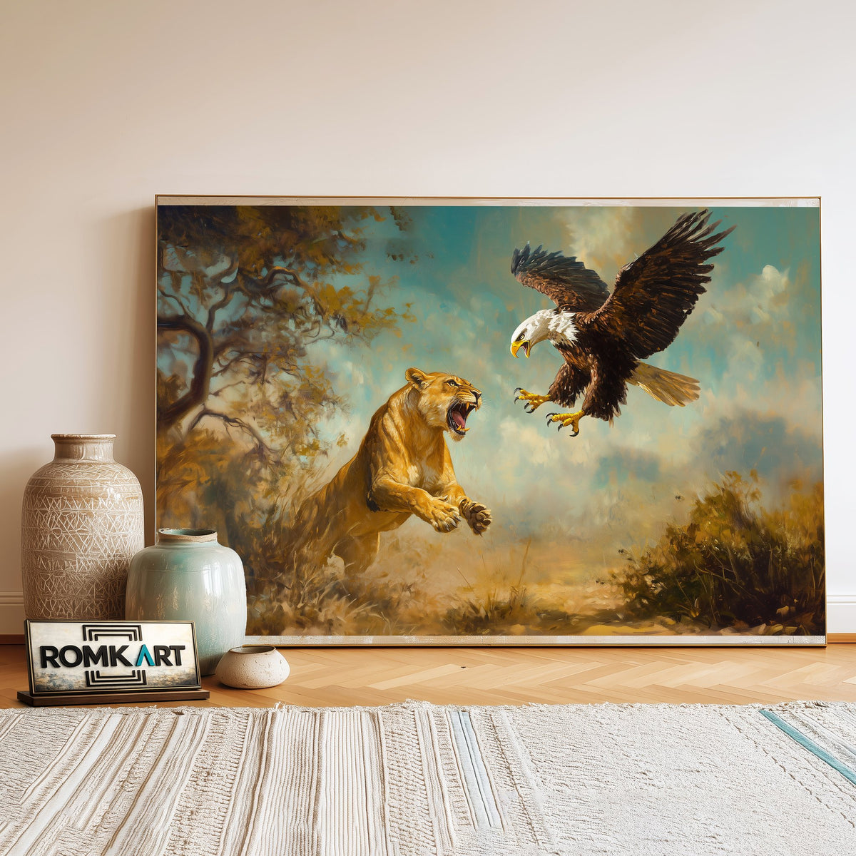 Lion vs Bald Eagle 2 Bird Oil Painting - image 3