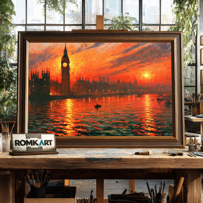 London Riverside Fiery Sunset Waterscape Oil Painting - image 2