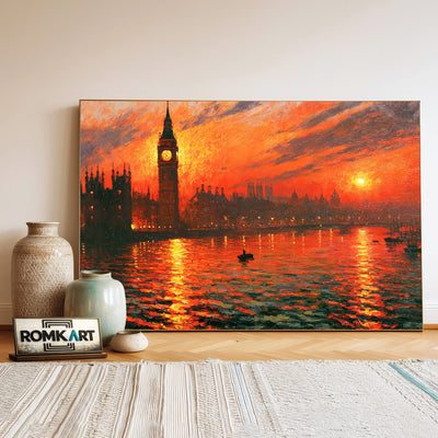London Riverside Fiery Sunset Waterscape Oil Painting - image 3