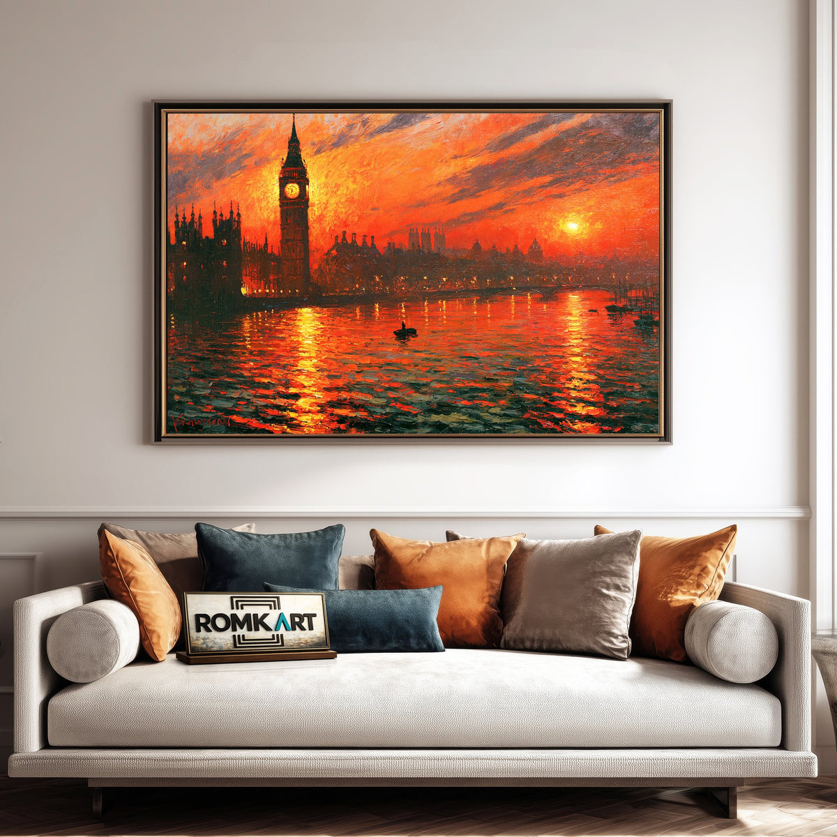 London Riverside Fiery Sunset Waterscape Oil Painting - image 4