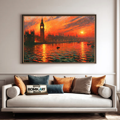 London Riverside Fiery Sunset Waterscape Oil Painting - image 4