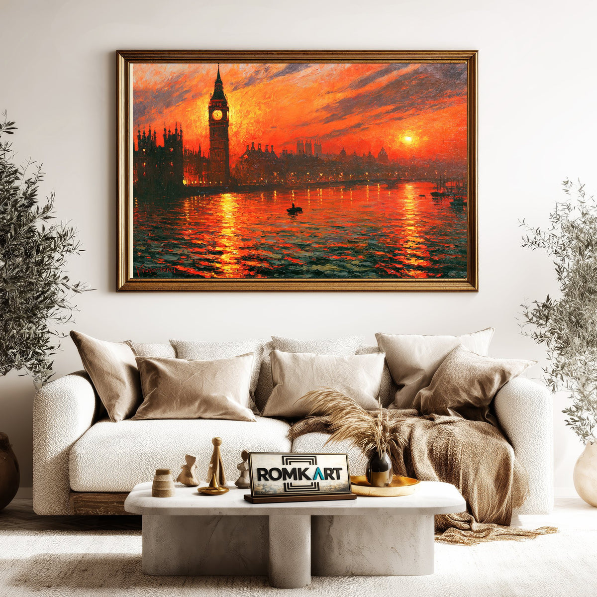 London Riverside Fiery Sunset Waterscape Oil Painting - image 5