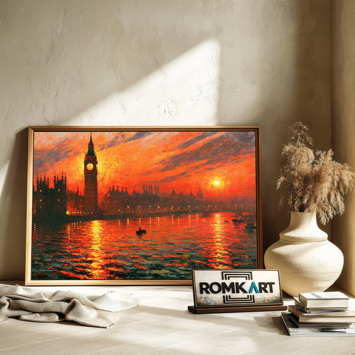 London Riverside Fiery Sunset Waterscape Oil Painting - image 6