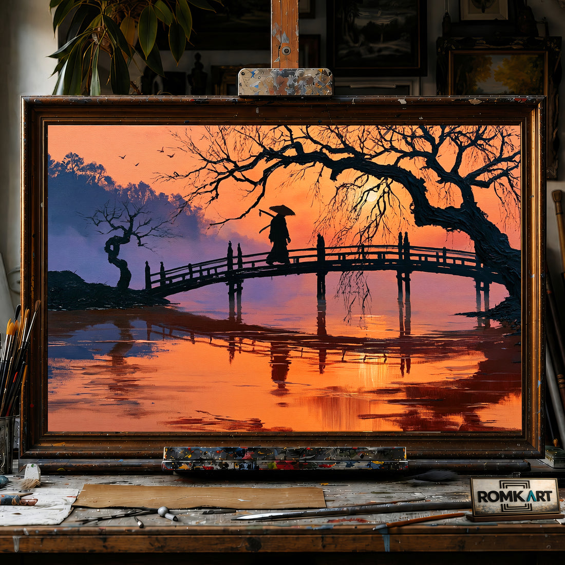 Lonely Samurai Silhouette hand-painted oil painting on canvas