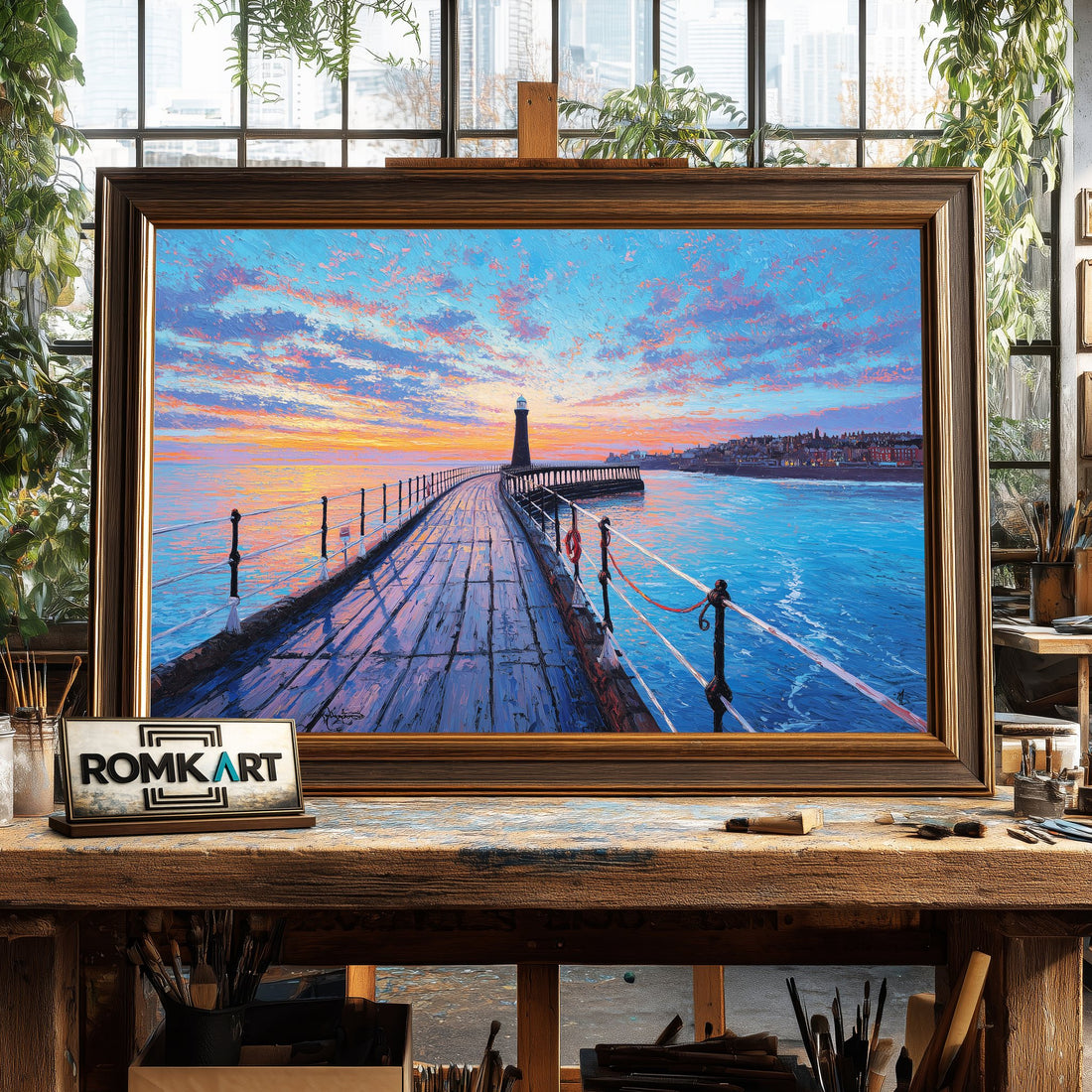 Long Wooden Pier hand-painted oil painting on canvas