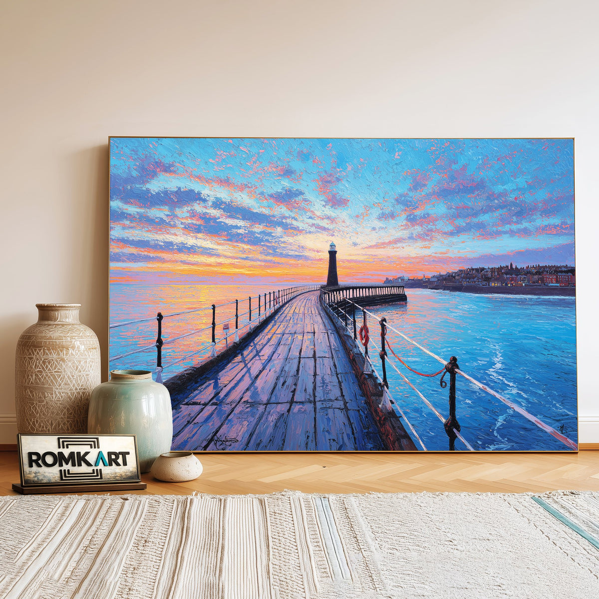 Long Wooden Pier Harbor Seascape Oil Painting - image 3
