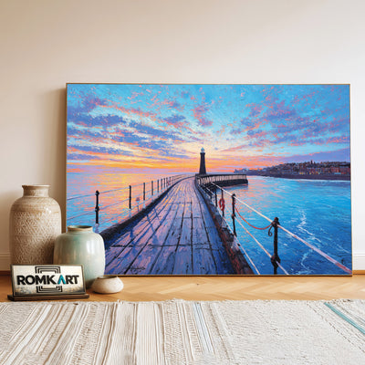 Long Wooden Pier Harbor Seascape Oil Painting - image 3