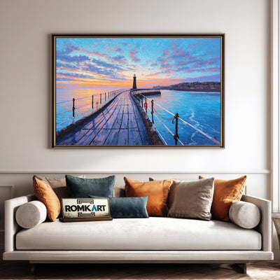 Long Wooden Pier Harbor Seascape Oil Painting - image 4