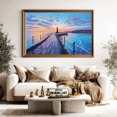 Long Wooden Pier Harbor Seascape Oil Painting - image 5