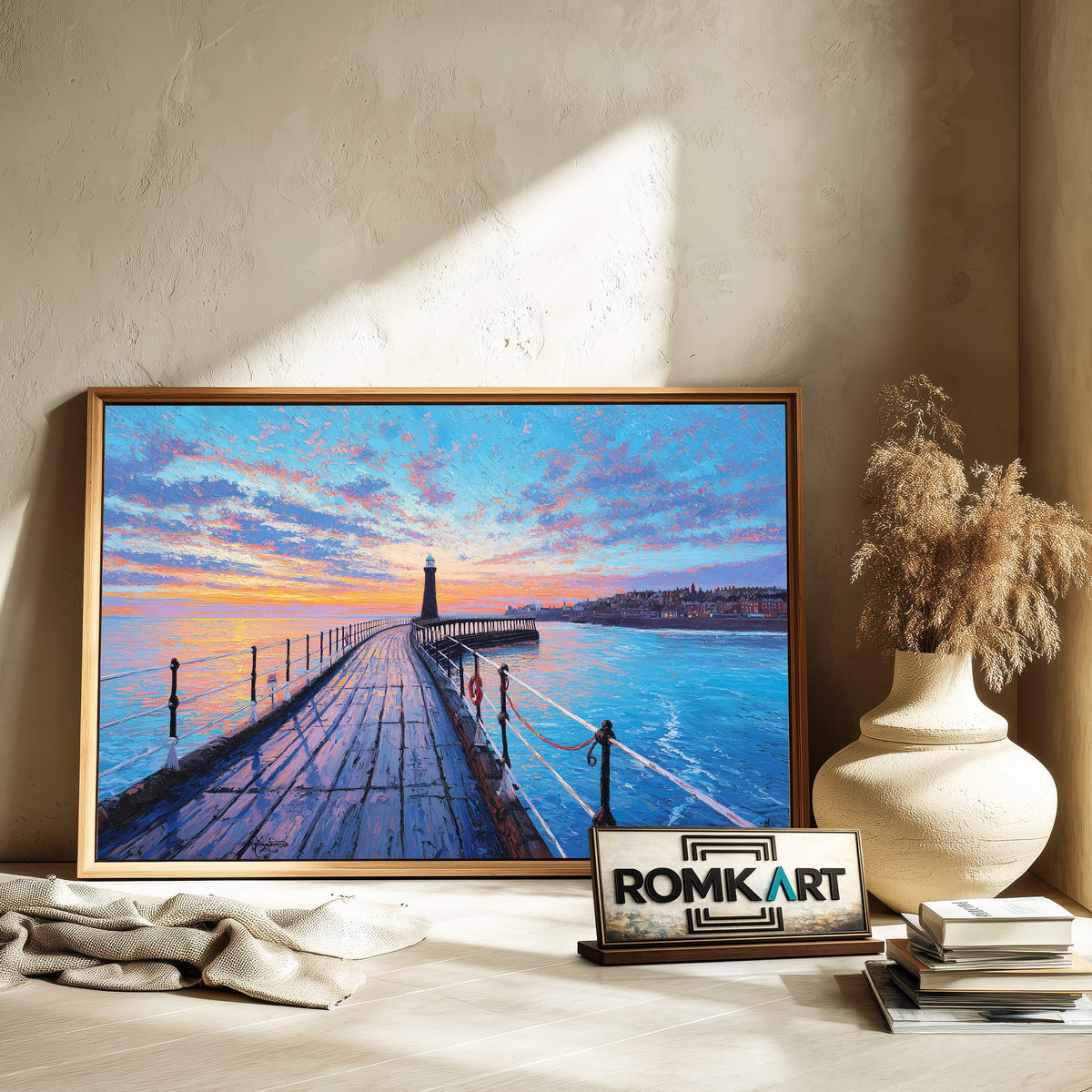 Long Wooden Pier Harbor Seascape Oil Painting - image 6