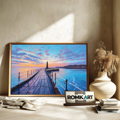 Long Wooden Pier Harbor Seascape Oil Painting - image 6