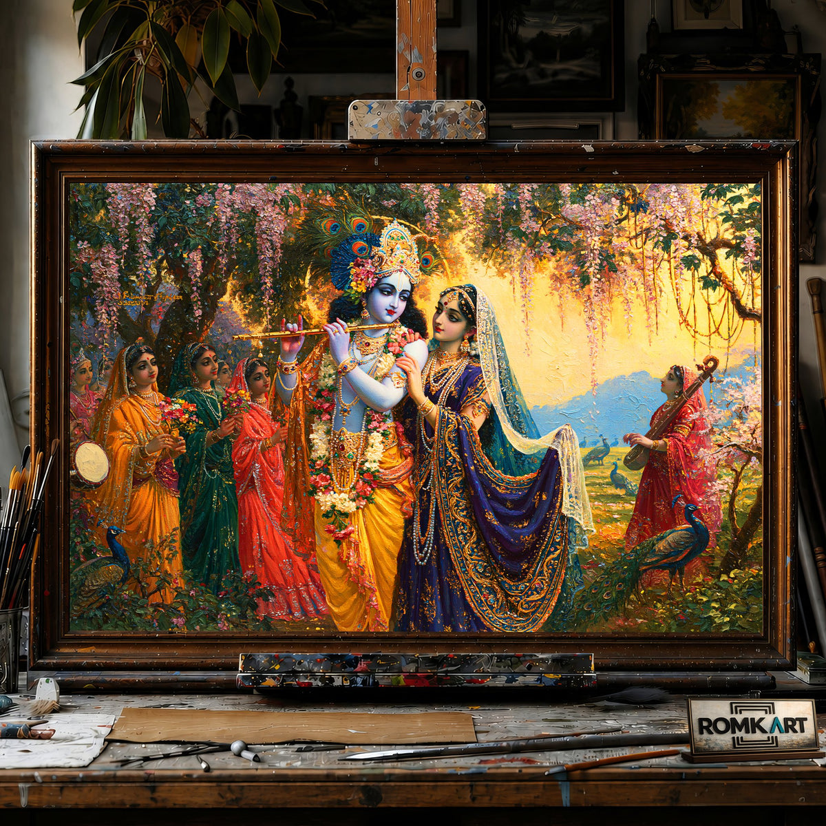 Lord Krishna and Radha in Vrindavan gardens - Hand-Painted Oil Painting - View 1
