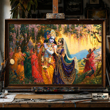 Lord Krishna and Radha in Vrindavan gardens - Hand-Painted Oil Painting - View 1