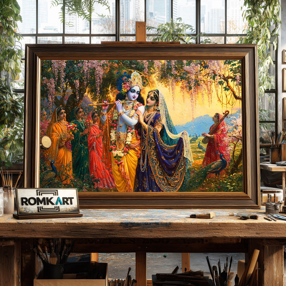 Lord Krishna and Radha in Vrindavan gardens - Hand-Painted Oil Painting - View 1
