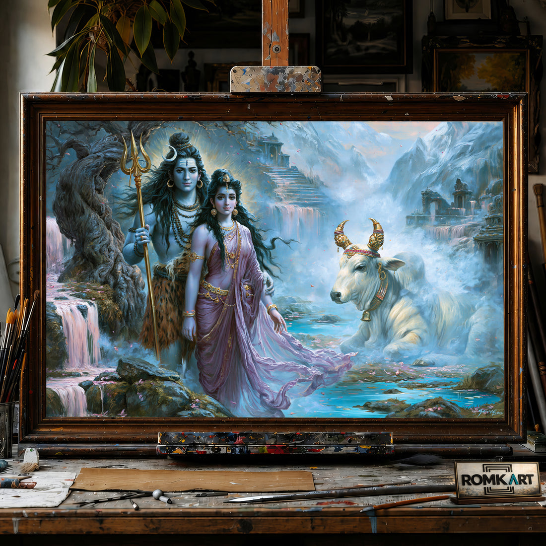 Lord Shiva and Parvati hand-painted oil painting on canvas
