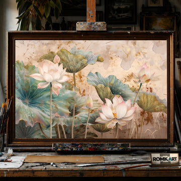 Lotus Flowers and Leaves hand-painted oil painting on canvas