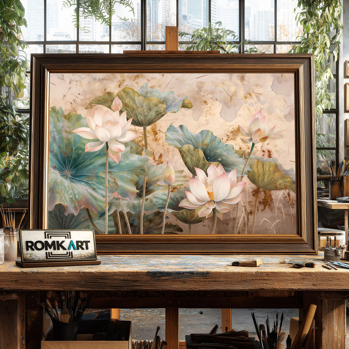 Lotus Flowers and Leaves Floral Oil Painting - image 2