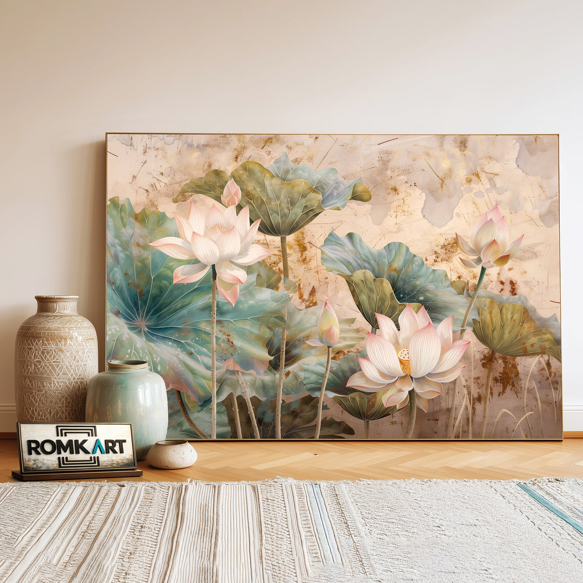 Lotus Flowers and Leaves Floral Oil Painting - image 3