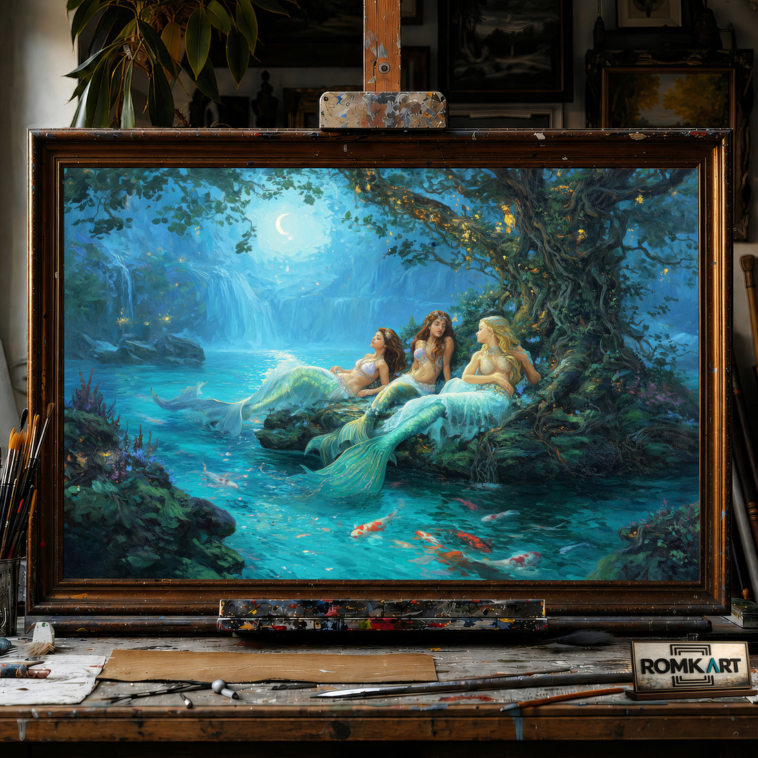 Magical Moonlit Mermaids hand-painted oil painting on canvas