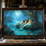 Magical Moonlit Mermaids hand-painted oil painting on canvas