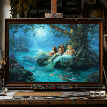 Magical Moonlit Mermaids hand-painted oil painting on canvas