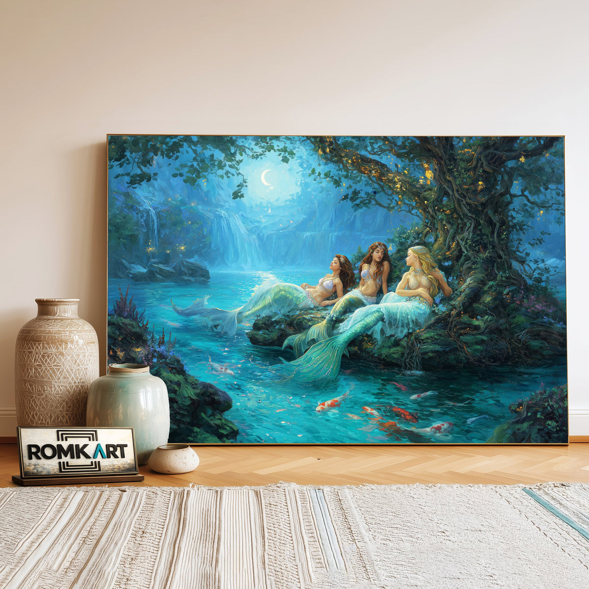 Magical Moonlit Mermaids Fantasy Oil Painting - image 3
