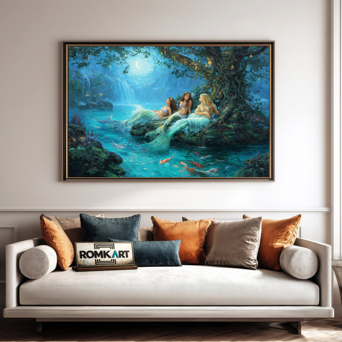 Magical Moonlit Mermaids Fantasy Oil Painting - image 4