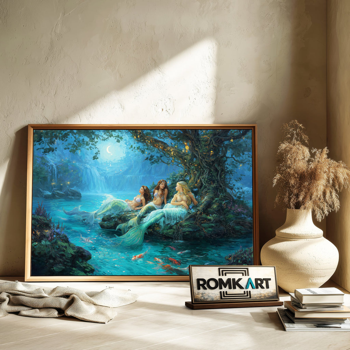 Magical Moonlit Mermaids Fantasy Oil Painting - image 6
