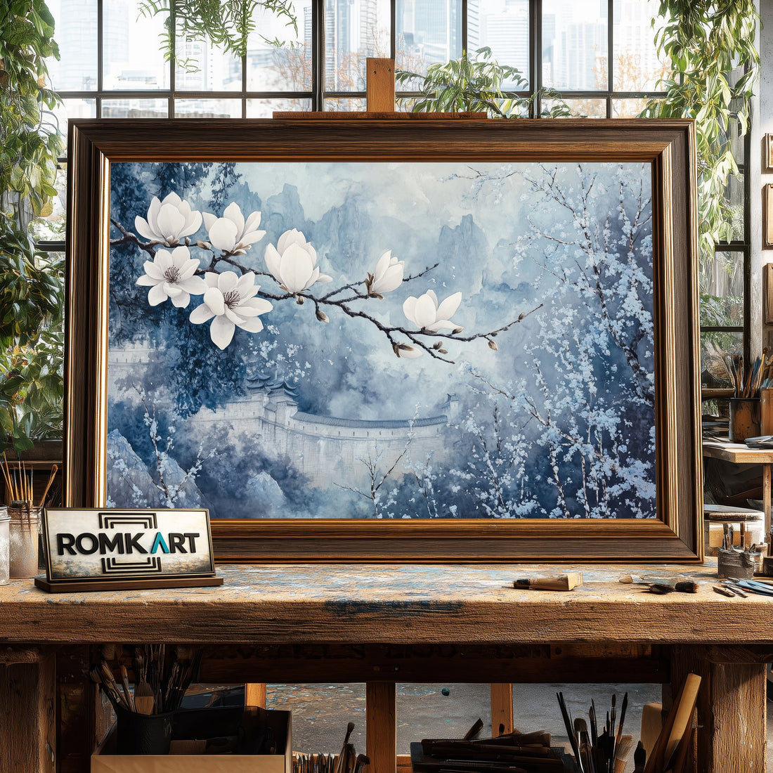 Magnolia and Chinese Castle hand-painted oil painting on canvas