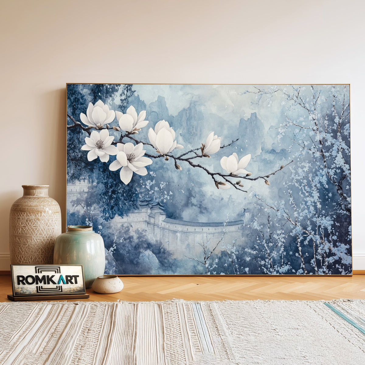 Magnolia and Chinese Castle Asian Art Oil Painting - image 3