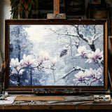 Magnolia Blossoms in Snow Winter Forest hand-painted oil painting on canvas