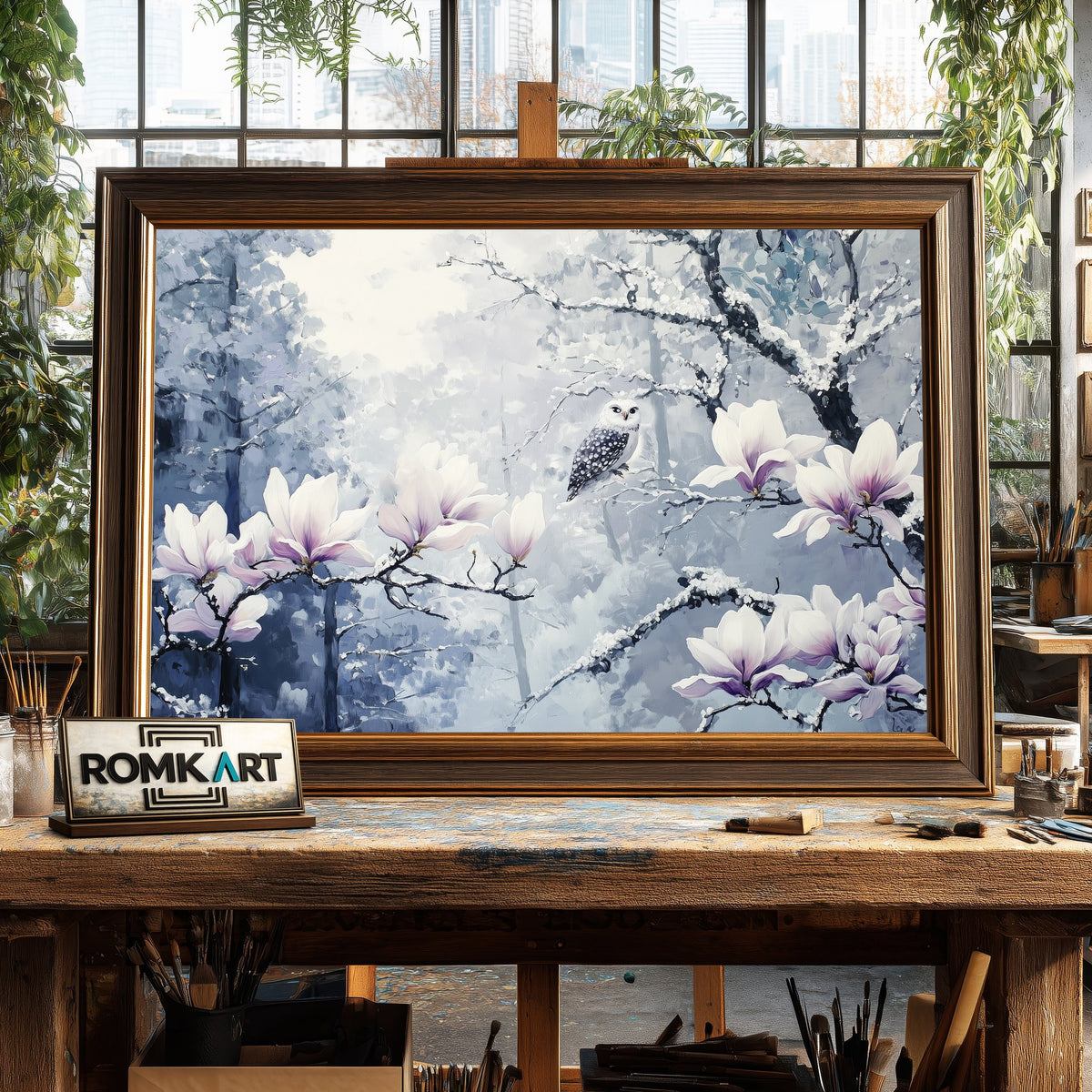 Magnolia Blossoms in Snow Winter Forest Floral Oil Painting - image 2