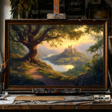 Majestic Castle and Giant Tree hand-painted oil painting on canvas