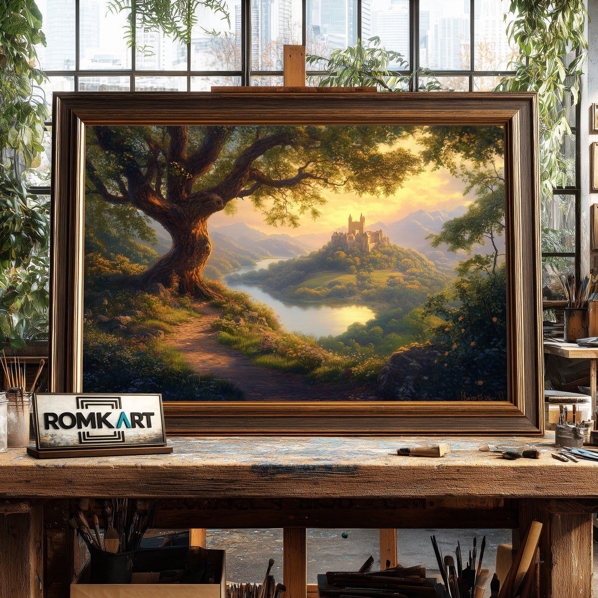 Majestic Castle and Giant Tree Forest Landscape Oil Painting - image 2