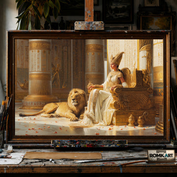 Majestic Cleopatra and Lion hand-painted oil painting on canvas