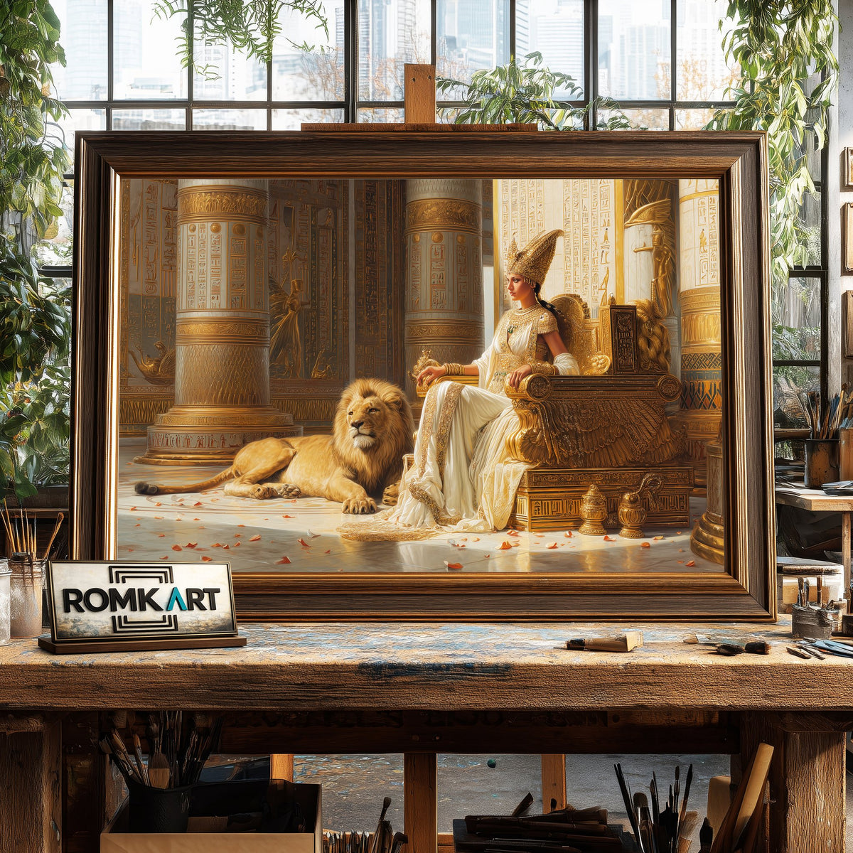 Majestic Cleopatra and Lion Historical Oil Painting - image 2
