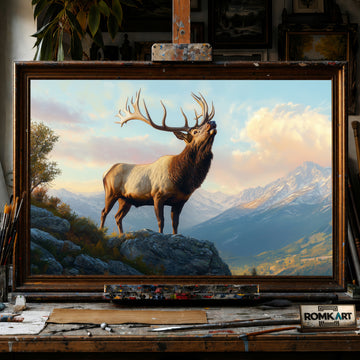 Majestic Elk on Atop Mountain hand-painted oil painting on canvas