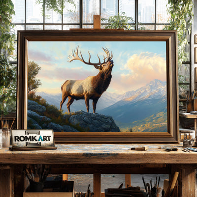 Majestic Elk on Atop Mountain Wildlife Oil Painting - image 2