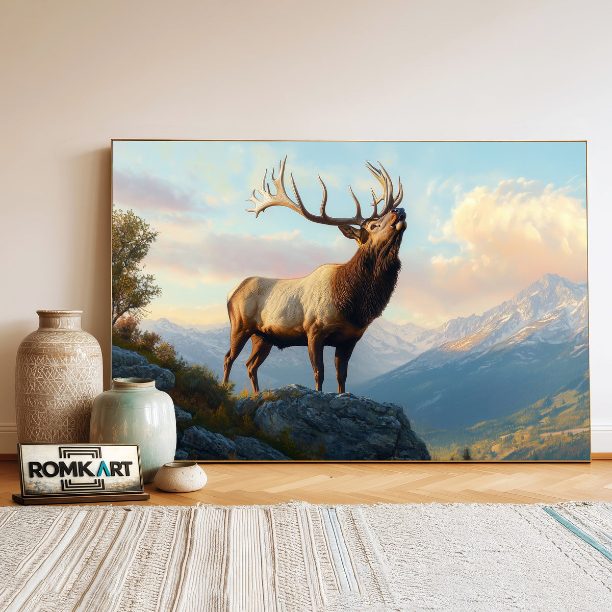 Majestic Elk on Atop Mountain Wildlife Oil Painting - image 3
