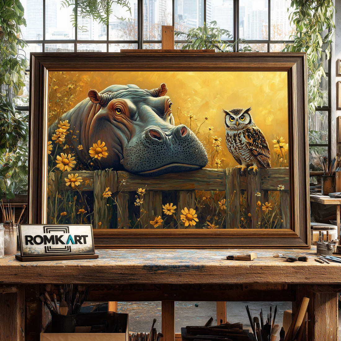 Majestic Hippo and Owl hand-painted oil painting on canvas