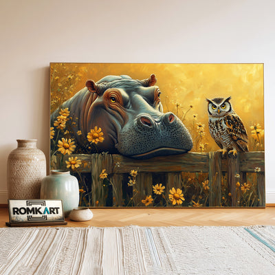 Majestic Hippo and Owl Bird Oil Painting - image 3