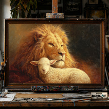 Majestic Lion and a Gentle Lamb hand-painted oil painting on canvas