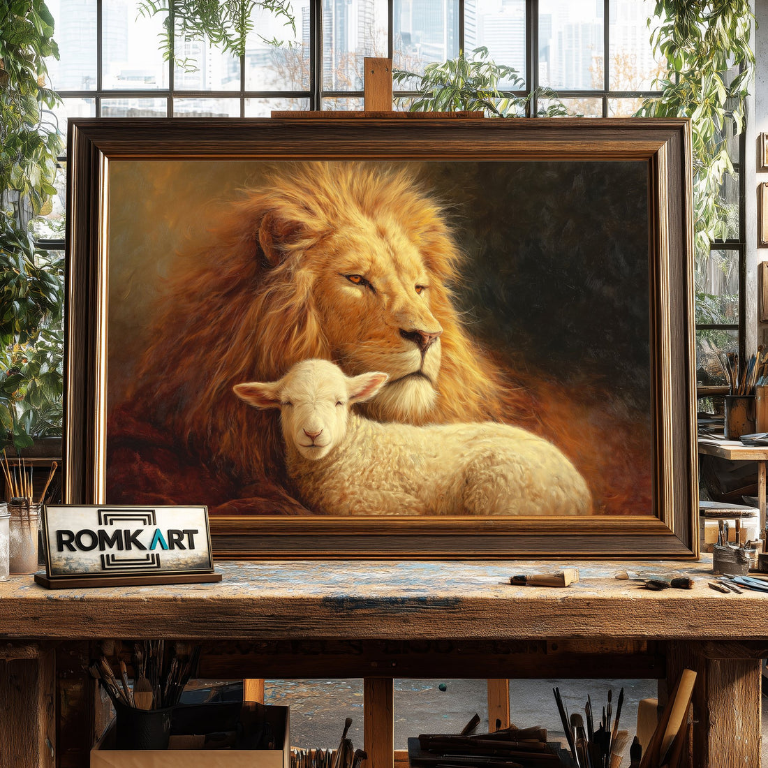 Majestic Lion and a Gentle Lamb hand-painted oil painting on canvas